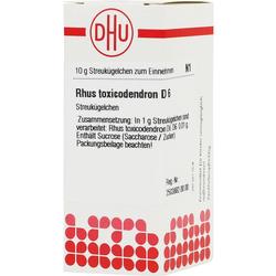 Weiße Packung mit der Aufschrift "Rhus toxicodendron D6" und roten Mustern.