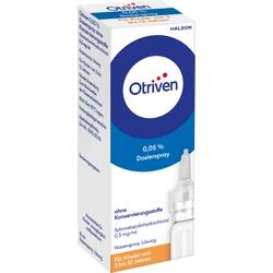 Weiße Verpackung von Otriven Nasenspray für Kinder von 2 bis 12 Jahren.