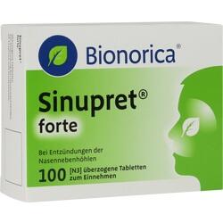 Eine grüne Medikamentenpackung von Bionorica mit dem Namen Sinupret forte.